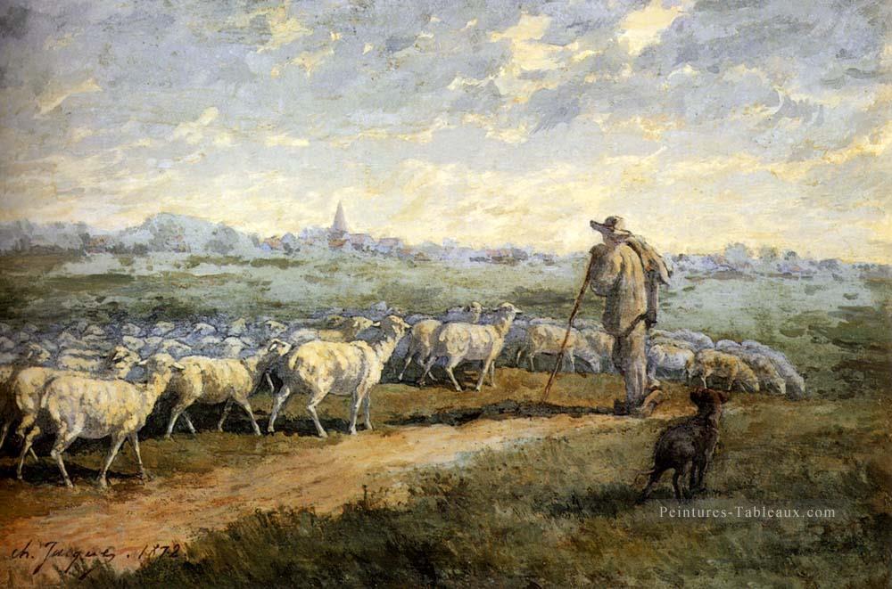 Paysage avec un troupeau de moutons animalier Charles Émile Jacque Peintures à l'huile